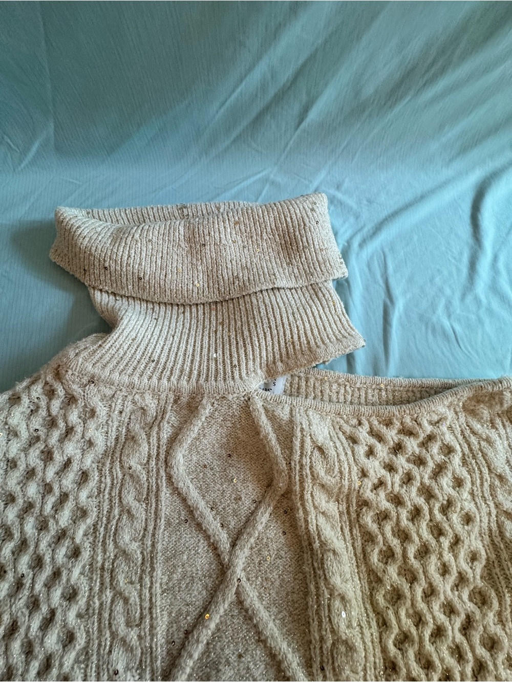 Sophia Jeans by Sophia Verga Cream Off-Shoulder Cable Knit Turtleneck Sweater - Picture 3 of 5